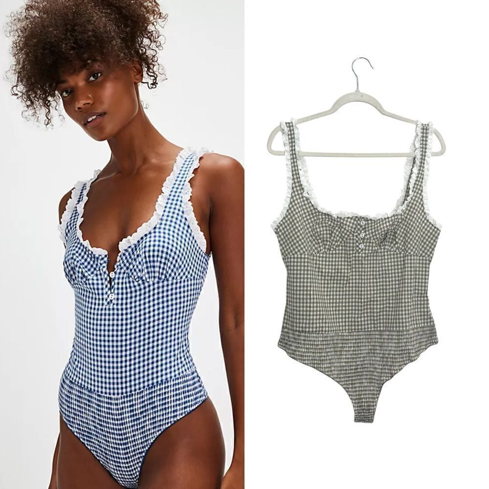 NWT Free People Intimately Cassie Bodysuit in Green Olive Gingham